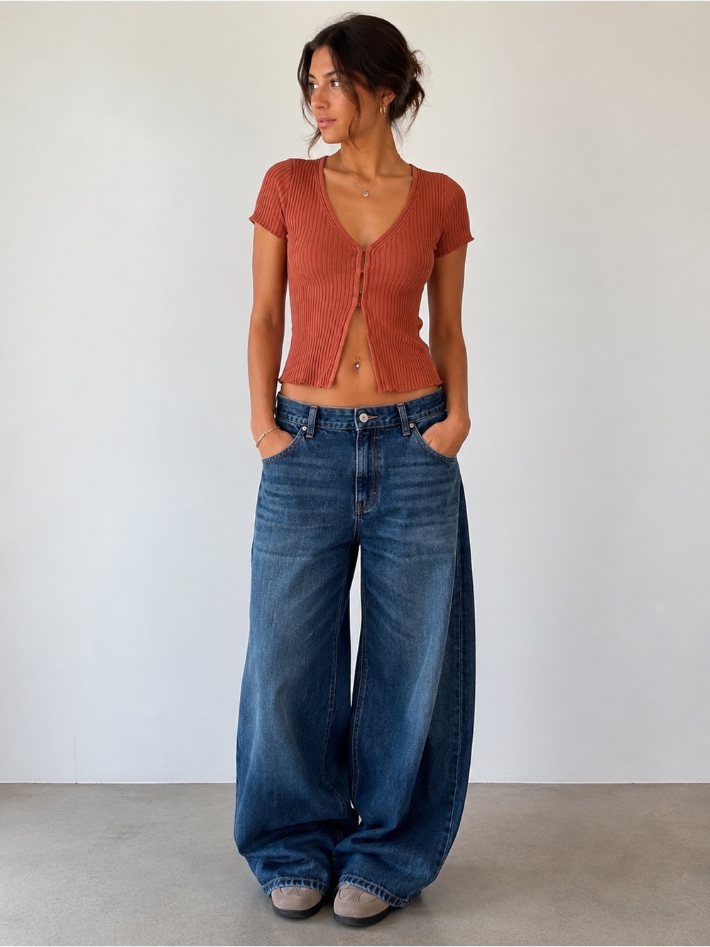 Abercrombie & Fitch Rust Ribbed Hook & Eye Fitted Top Size M Y2K 90's Babydoll